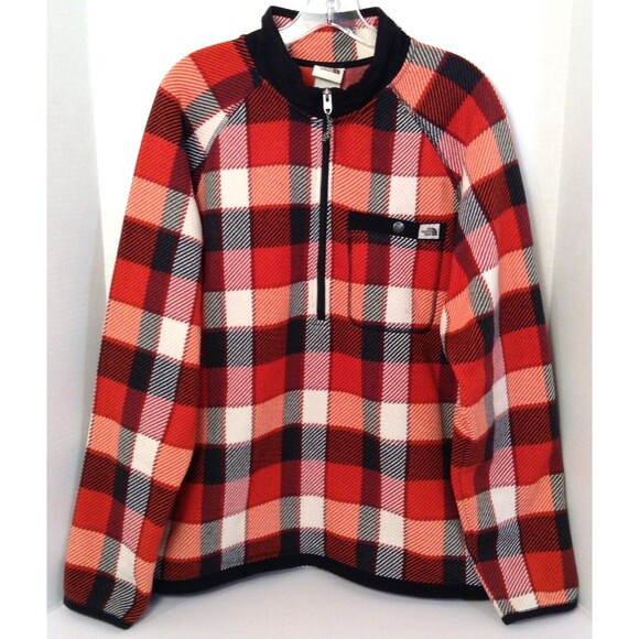 The North Face Jacket Mn L Red Plaid 1/4 Zip Fleece Chore Barn Outdoors Shacket - Picture 1 of 12